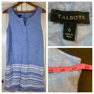 Talbots Linen Blue Sleeveless Shift Lined Dress Size 6 Split Neck‎ Wedding Guest